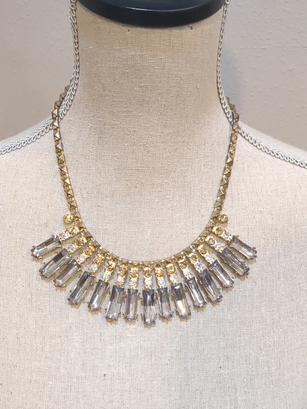 Vintage Cara New York Gold Statement Necklace with Clear Crystal Drops
